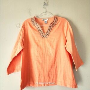 Cathy Daniels Orange Cotton Studded V Neck 3/4 Sleeve Top XL NWOT Casual Cruise
